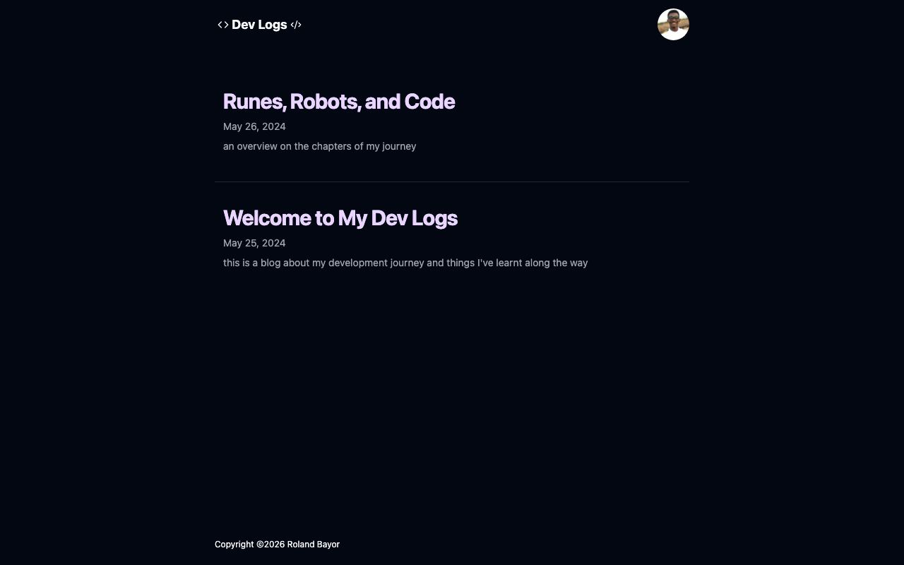 The Dev Logs blog, with the post "Runes, Robots, and Code".