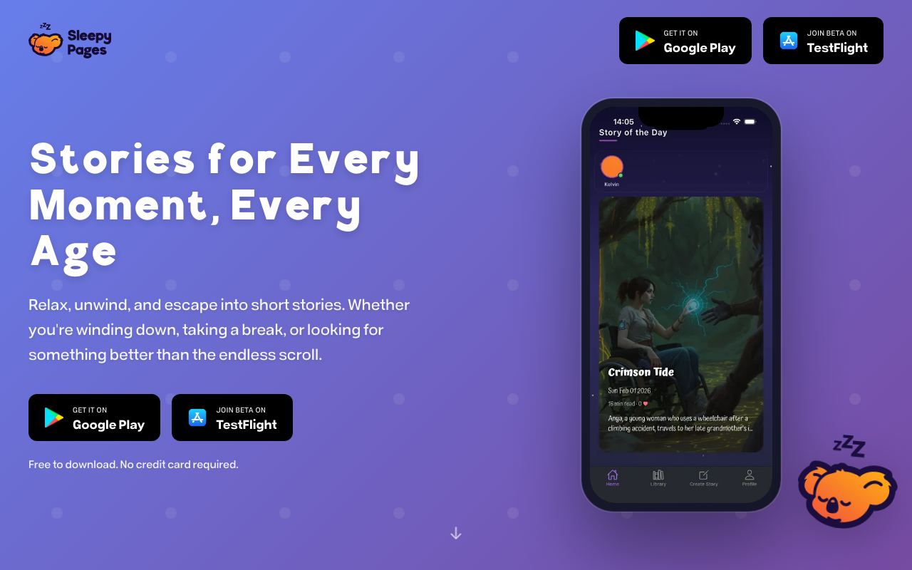 The Sleepy Pages home page: "Stories for Every Moment, Every Age", with the app open on a phone.